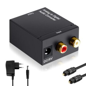 Analog To Digital Audio Converter, RCA Analog to Digital Optical Toslink Coaxial 3.5mm Jack Input Audio Converter Adapter with Optical Cable. Black (VC-A2DSM)