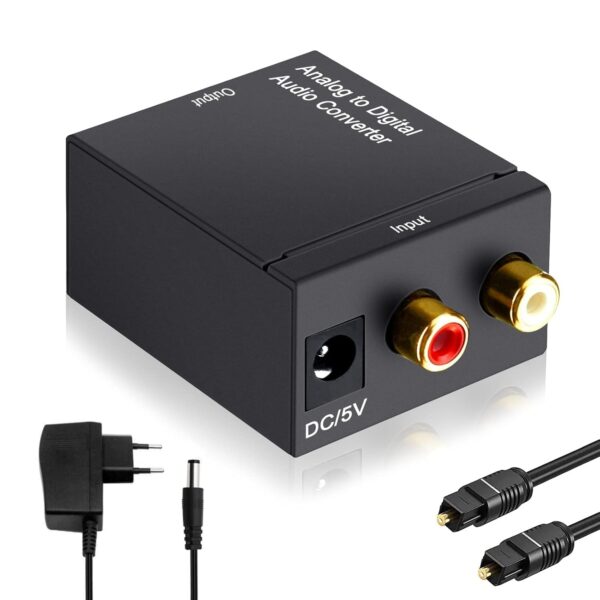 Analog To Digital Audio Converter, RCA Analog to Digital Optical Toslink Coaxial 3.5mm Jack Input Audio Converter Adapter with Optical Cable. Black (VC-A2DSM)